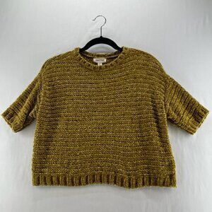 Open Edit Chenille Knit Cropped Top Women XS Crewneck Short Sleeve Loose Mustard